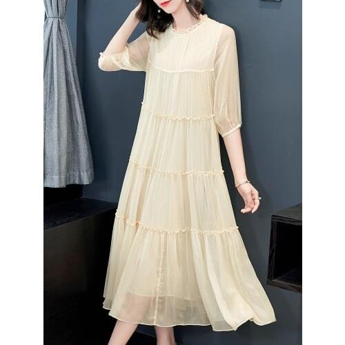 Real Silk Spring 200% Summer Long Dress Female Beach Pleated Dresses for Women Vestidos De Fiesta D209004 KJ5672