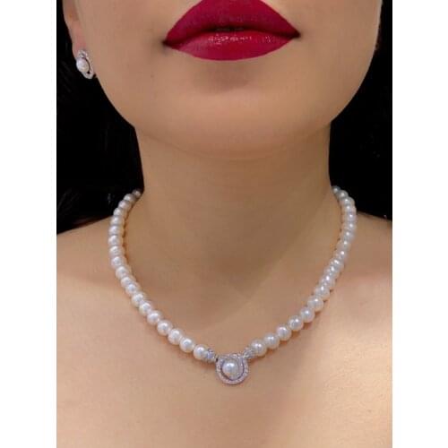 MaGümüş Gold Model Pearl Necklace Earrings Set 925 Silver Suit