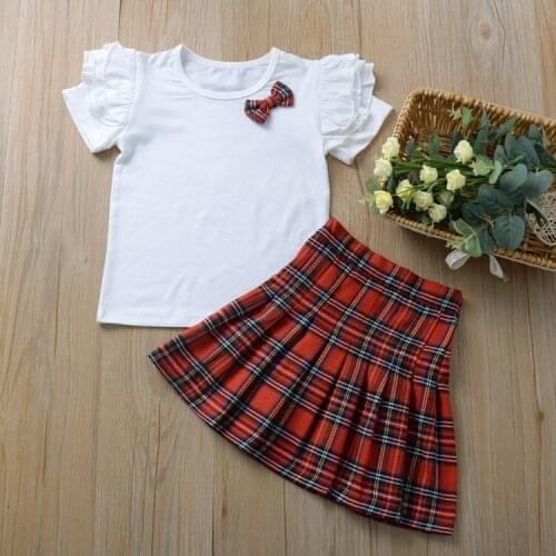 1-5Yrs baby girls clothing set Summer short puff sleeve white shirt+red plaid skirt set toddler outfits children clothes Xmas