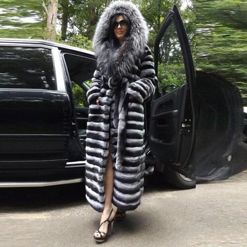 FURSARCAR New Fashion Natural Real Rex Rabbit Jacket 130cm Long Chinchilla Coat Plus Size Fur Jacekt With Silver Fox Fur Hood