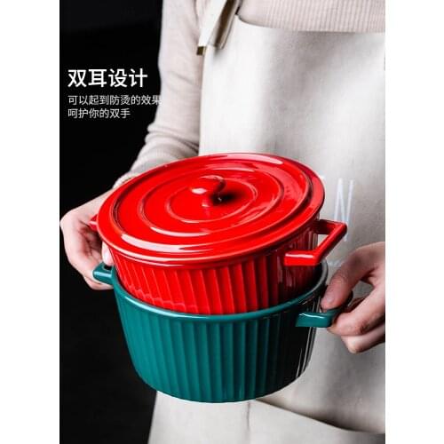 Double ear noodle bowl with cover large ceramic rice soup milk salad bowl household baking roasted tableware