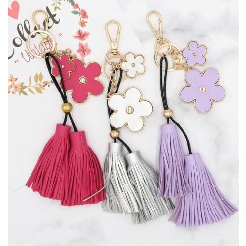 Trendy keychain keyring pu artificial leather keychain car five-petal flower tassel car keychain ring accessories bag keychain