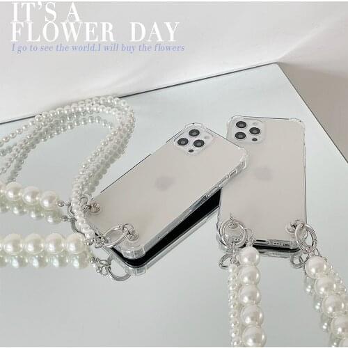 Fashion Pearl Bracelets chain Crossbody Lanyard Necklace Transparent Phone case for iphone 12 11 Pro Max XR X XS 7 8 6S plus SE