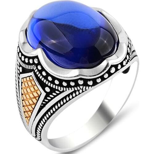 Solid 925 Sterling Silver Oval Blue Zircon Stone Mens Ring