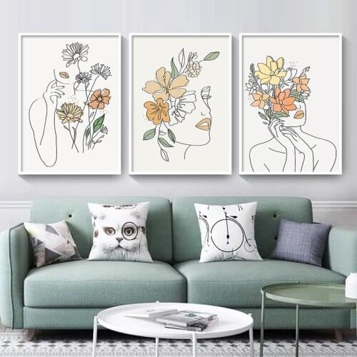 Nordic Simple Line Drawing Woman Wall Art Print Posters Abstract Flower Canvas Painting Botanical Leaf Modern Picture Home Decor