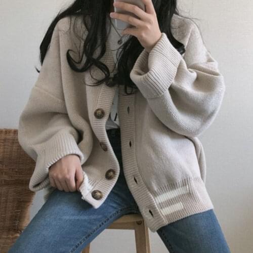 New Knitting Cardigan Sweaters Autumn Solid Loose Korean Button Coat Women Apricot Grey V-Neck Long Sleeve Female Sweater Tops