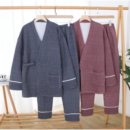 Autumn Winter Japanese Couple Kimono Pajamas Men 100% Cotton Air Layer Long-Sleeved Quilted Couple Plus Size Sleepwear Suit