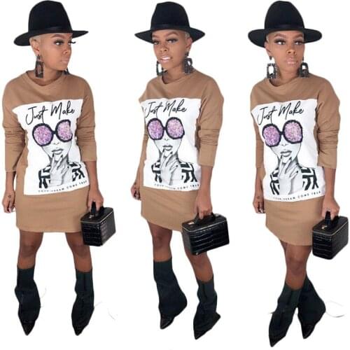 Autumn Long Sleeve T Shirt Dress Women O-neck Character Print Tunic Mini Dress Ladies Streetwear Loose Casual Everyday Dresses