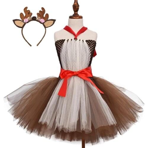 Brown Deer Tutu Dress Girls Kid Christmas Reindeer Costume Birthday Halloween Purim Elk Cosplay Clothes Outfits Children Gifts