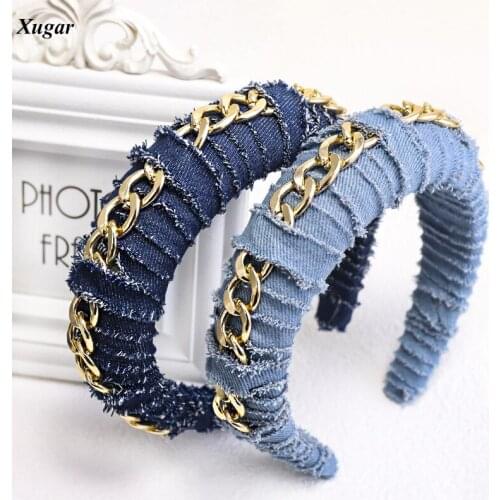 Xugar New Denim Fabric Padded Headband For Women Fashion Gold Metal Chain Decorated Hairbands Wide Hair Bands Hair Accessories