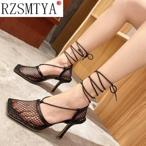 Summer Autumn Sexy Mesh Pumps Sandals Female Square Toe High Heel Lace Up Cross-tied Stiletto Hollow Dress Pumps Shoes
