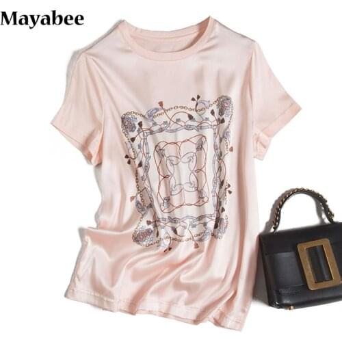 High-End Western-Style Printed Silk Stitching Mercerized Cotton T-Shirt Women Spring Summer 2021 New All-Match Blouse