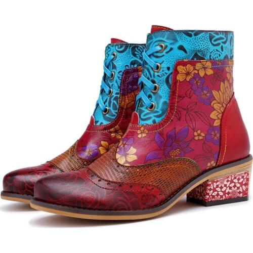 Retro Women Boots Sun Flower Bohemian Genuine Leather Splicing Zipper Lace Up 3-5CM Square heel Comfy High Heel Shoes Women