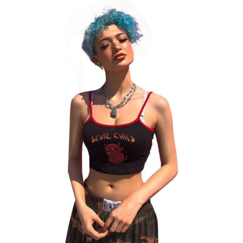 Women Sexy Bodycon Casual Streetwear Tank Tops Little Devil Camisole Sleeveless Summer Sling Crop Top Shirt Cami