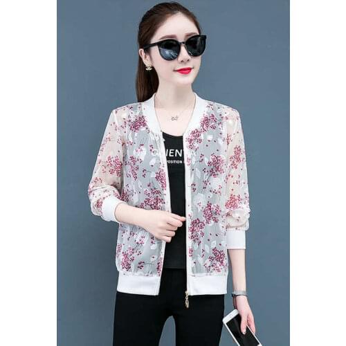 S-6XL Plus Size women Summer Chiffon Printing Baseball Uniform Short Coat Loose Jacket Sun Protection Clothing Women Tops C7542