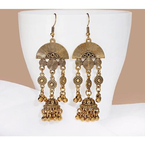 Ethnic Gypsy Jewelry Vintage Sector Bell Tassel Indian Earrings Vintage Carved Dangle Earrings For Women