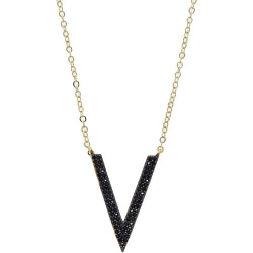 Gold Color Black Cubic Zirconia V Charm Chevron Pendant Choker 2 raw CZ Elegant Women Ladiy Rrendy Gift Necklace Jewelry