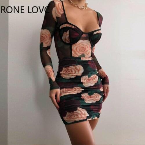 Women Floral Print Long Sleeve Skinny Waist Mini Dress Bodycon Dress Women Dress