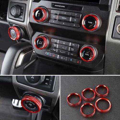 6Pcs Aluminum Alloy Red Air Condition Knob Audio Volume Control Button Circle Decoration Trim Ring Cover Fit For Ford f150