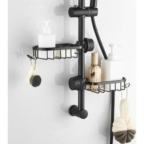 Aluminum Basket Shelf Single Layer Bathroom Storage For Soap Shampoo Shower Adjustable Storage Rack Holder Organizer With Hooks