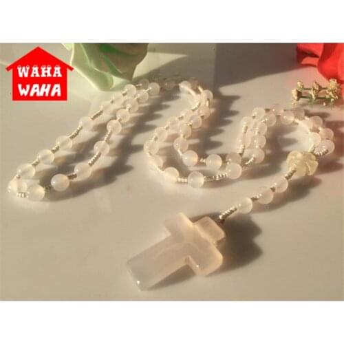 10MM Beads Natural Agate Handmake Necklace Cross Rosary Catholic Protestant Episcopal Prayer Rosaries Beads for Women Men