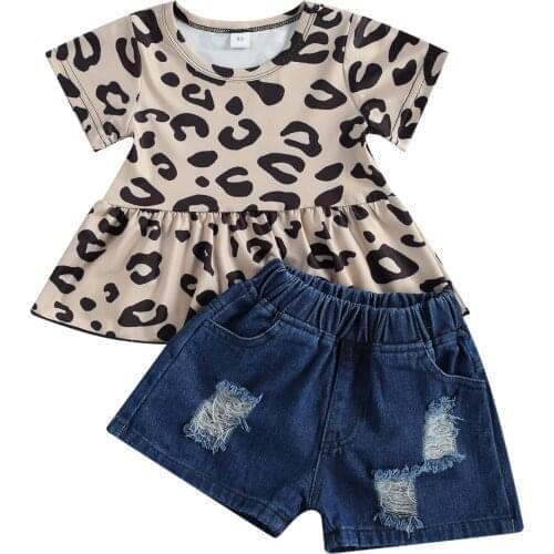 Girls 6M-4T Two Piece Set Childrens Leopard Printed Round Neck Shirt Ruffled Tops Denim Shorts for Kids