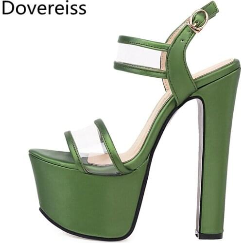 Dovereiss Fashion Summer Womens Shoes Narrow Band Elegant Waterproof Buckle Green cowhide Femmes Sandals Chunky heels 32-43