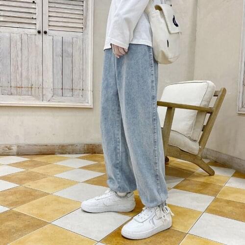 Washed Casual Jeans Mens Casual Loose Drawstring Trend Mopping Trousers Male Clothes Fashion Seasons Denim Straight-leg Pants