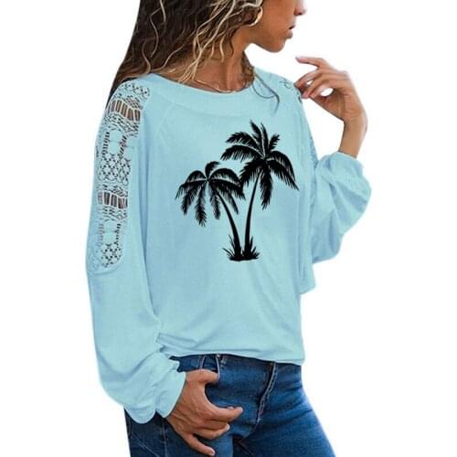 Coconut Tree T Shirt Women Long Sleeve O-Neck T-shirt Woman Clothing Tops Girl Casual Loose Lace Top Tees