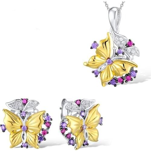 KOFSAC 2020 Fashion 925 Sterling Silver Necklaces Earrings For Women Elegant Purple Zircon Gold Butterfly Jewelry Sets Lady Gift