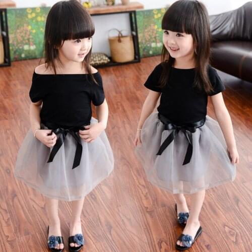 Girls Clothing Sets 2019 New Summer Children Dresses Bowknot Black Short T-Shirt +Short skirt 2Pcs Suit Brand Kids Clothes