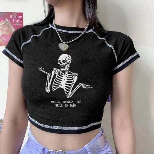 Summer Punk Skull Grunge printing T-shirt Streetwear Top Women T-shirt ulzzang Harajuku Crop Tops Gothic Aesthetic Shirt y2k