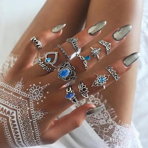 Fashion Classic Retro Ethnic Geometric Lotus Crown Star Gemstone Ring Combination Rings For Women