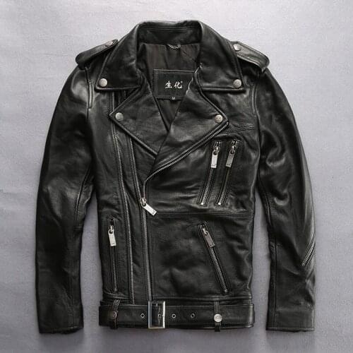 2020 Mens Genuine Cow Brand Male Vintage Black Coats Thick Cowhide Zipper Warm Motorcycle Rider Leather Jacket