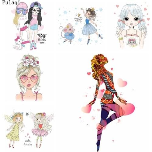 Pulaqi DIY Iron on Transfers Beautiful Girl Patches for Clothes Stripes Iron Heat Transfer Vinyl Stickers Thermal Applique Badge