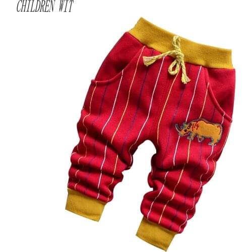 CHILDREN WIT Autumn & Winter New Baby Pants Striped Cartoon With Velvet To Keep Warm For 0-3 years Childrens Trousers