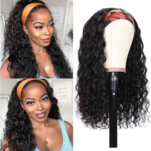 Water Wave Hair Wig With Colrful Scarf Brazilian Remy Machine Made Headband Wigs For Black Women 150% Preplucked Natural Color