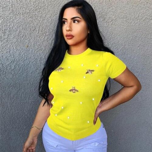Plus Size Women Yellow Short Sleeve Pearl Beading T-shirt Ladies Casual Tops Butterfly Solid Round Neck Summer Basic T Shirt