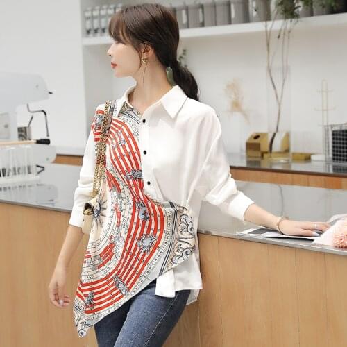 2020 autumn womens new retro printed silk scarf personality stitching lapel casual loose wild long-sleeved white shirt women