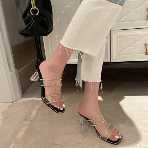Double Crystal clear band slippers women summer shoes flip flops sandalias square toe transparent high heels slides mujer 2021