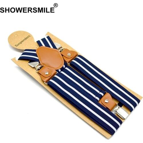 SHOWERSMILE Men Suspenders Belt Navy Unisex Women Suspender Adult Stripe Braces Leather Adjustable 3 Clips Male Pants Straps Man