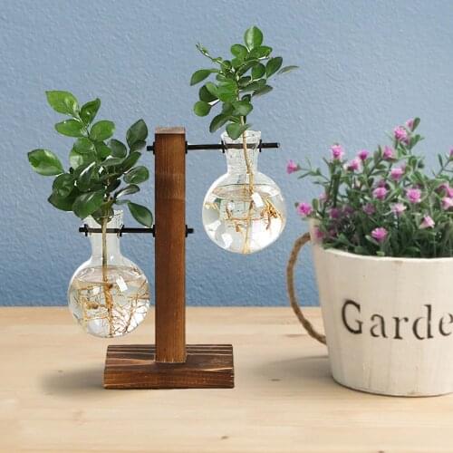 Glass Planter Bulb Vase Desktop Plant Hydroponic Plant Vases Vintage Flower Pot Transparent Vase Wooden Frame Glass Tabletop Dec