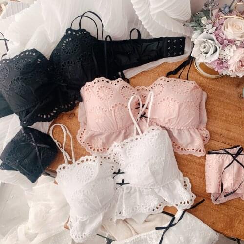 Retro literary solid color flowers bra set embroidered cotton big flashing wirefree lingerie gathered underwear tube top bralett