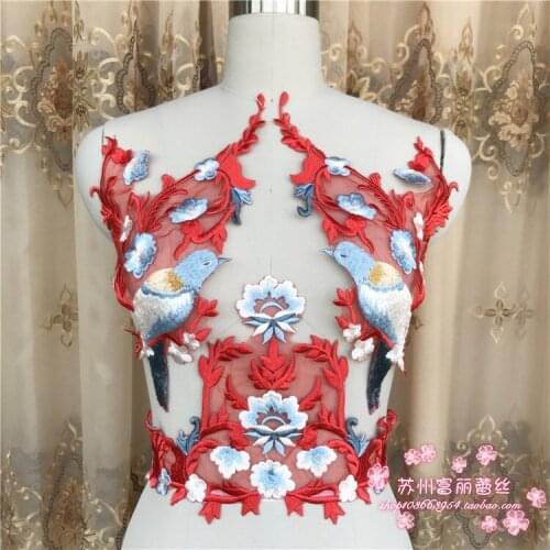 High-quality gorgeous Lace embroidery patches Red Eugen yarn Magpie Applique for DIY Wedding dress