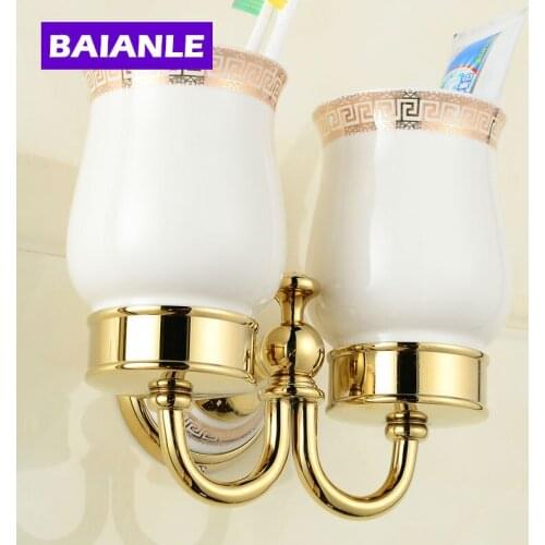 Top Quality Luxury European Style Antique Copper Ceramics Toothbrush Tumbler&Cup Holder with 2cups Wall Mounted Bath Product