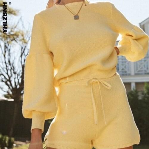 YHLZBNH Elegant Womens Two Piece Knitted Suit Autumn Winter Outfits O Neck Long Sleeve Sweater Tops Lace-up Short Sport Set