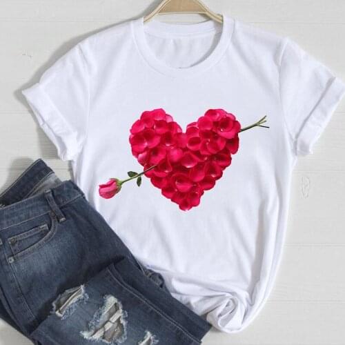 Heart Print Ladies T-shirt Casual O-collar White Shirt Short Sleeve T-shirt Love Graphic Printing Women Clothing