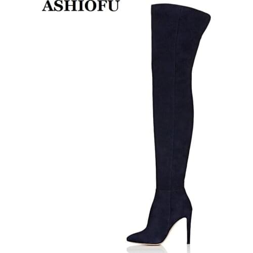 ASHIOFU New Handmade Ladies Stiletto High Heel Boots Faux-suede Black Thigh High Boots Winter Sexy Evening Club Fashion Boots