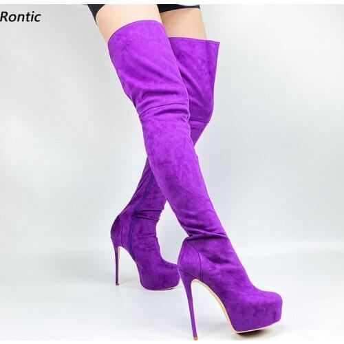 Rontic Women Winter Over The Knee Boots Hidden Platform Unisex Stiletto Heels Round Toe Pretty Purple Party Shoes US Size 5-20