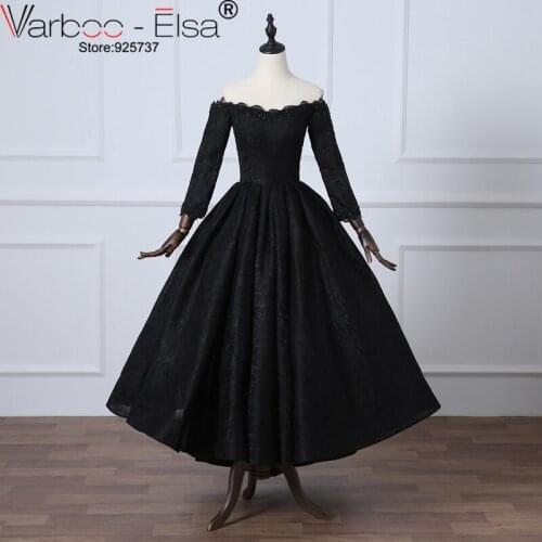 VAROO_ELSA 2021 Arab Black Lace Long Sleeve Prom Dress Elegant Boat Neck Beading Party Dress Special Occasion Muslim Prom Dress